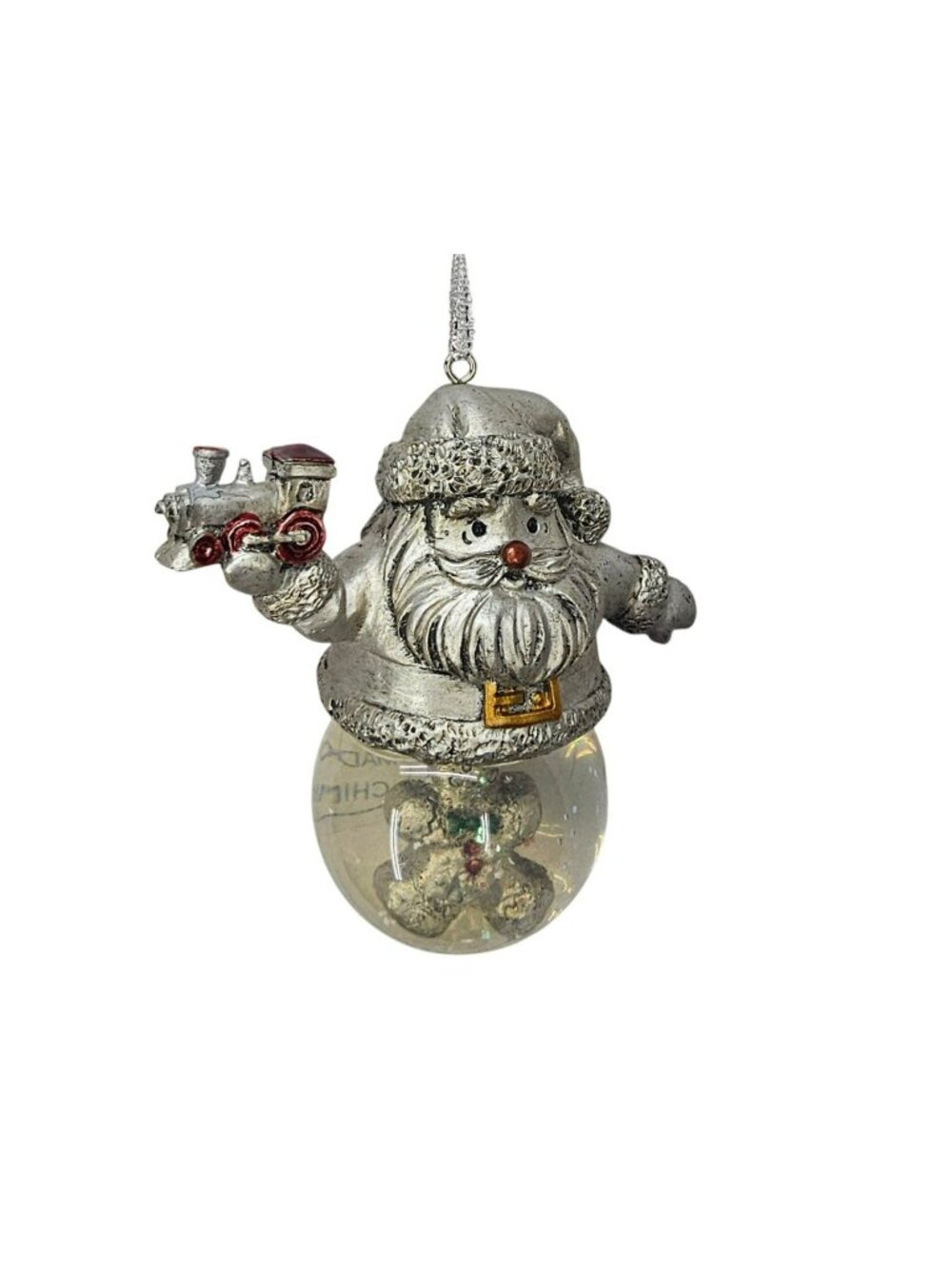 Towle Santa Claus Christmas Ornament With Glittered Glass Base & Train Detail
